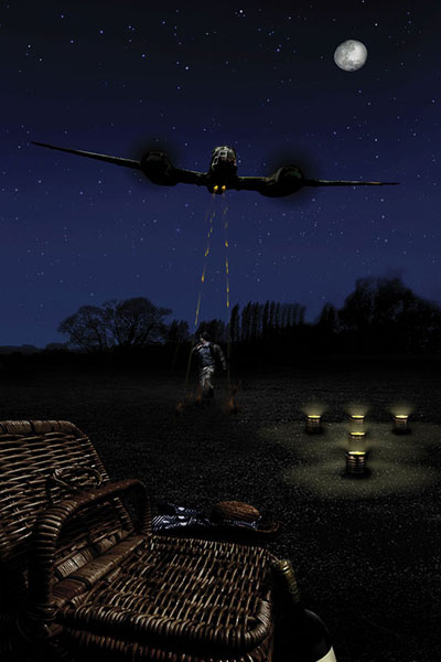 Artist rendition of a German twin-engine Ju-88 night fighter attacking the airdrop reception committee on DZ Bolivar, northwest of Seillac, France, on 10 June 1944.