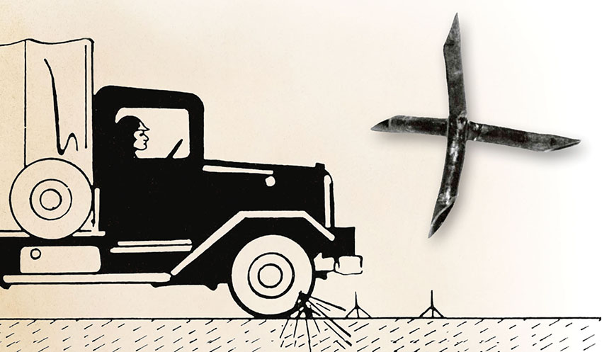 Sketch depicts employment of four-inch diameter caltrops against truck traffic.