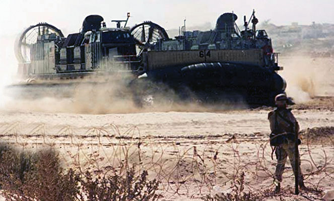 U.S. Marine Corps Landing Craft Air Cushion lands on the beach in Mogadishu to effect the exfiltration of troops and equipment.