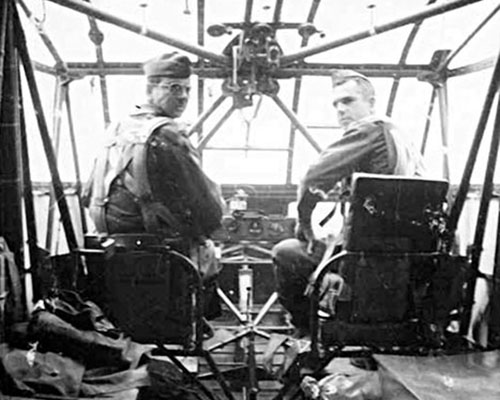 The photo on the left illustrates the pilot’s compartment of the CG-4A Waco glider.