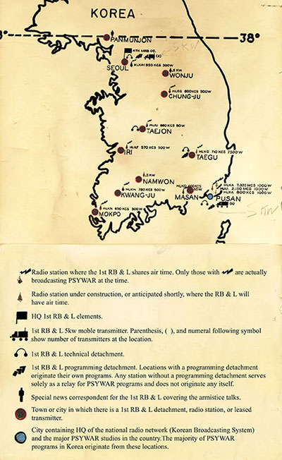 This hand drawn map shows the location of the 1st RB&L units in Korea circa 1952.