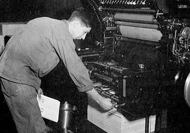 CPL Dick Crimer operates a Harris printing press at the FEC print plant in Motosumiyoshi, Japan. Crimer was assigned to the 1st RB&L Group’s 3rd Reproduction Company.