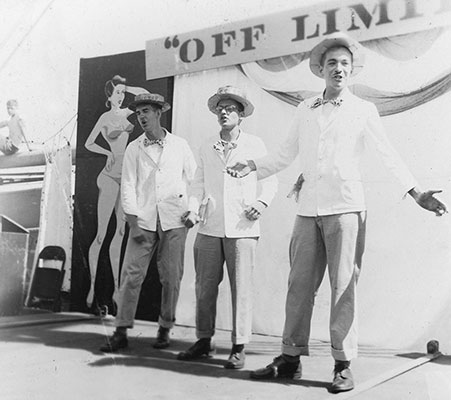 En route to Japan on the USNS General Brewster the soldiers put on a variety show to pass the time. (L to R: Hall Weed, Bud Perfit, Gerry Deppe)