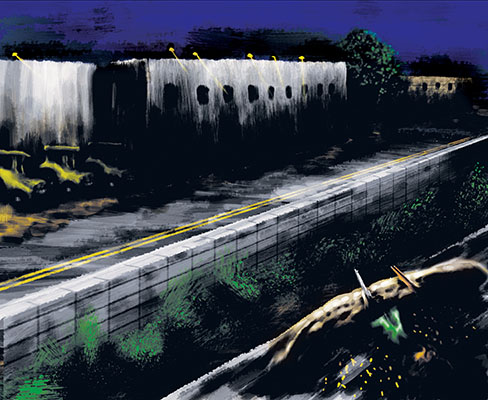 Artist rendition of Sergeant First Class LeRoy Sena engaging snipers on the rooftops of buildings along the Inter-American Highway to the west while Staff Sergeant Peter Moosey fires into the banana grove where the ESAF junk vehicles had been dumped.