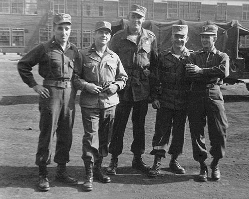 10th Special forces Group Officers assigned to the 8007th Army Unit at Camp Drake, Japan. From left to right, 1LT Sam C. Sarkesian, 1LT Warren E. Parker, CPT Francis W. Dawson, 2LT Earl L. Thieme and 1LT Leo F. Siefert.