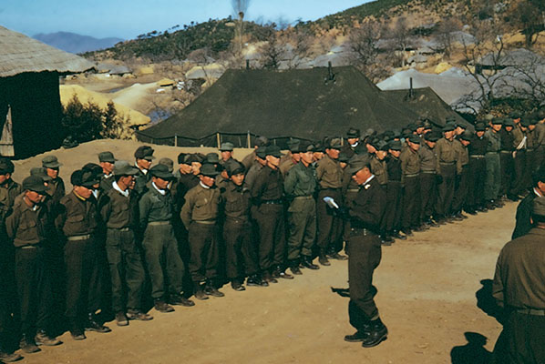 The arrival of the 10th Special Forces Group soldiers in 1953 coincided with the reorganization of the partisan units. The partisan units were now better equipped and more uniformly attired. Kangwha-do, Spring 1953.