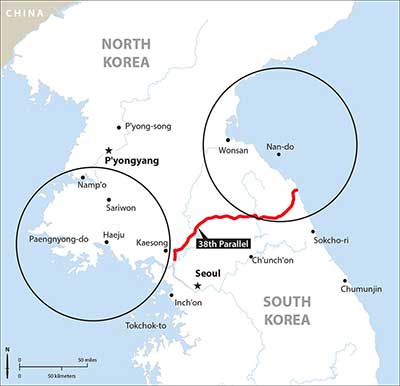 By 1951 the Korean War had reached a stalemate with both sides improving defensive positions in the vicinity of the 38th Parallel. The partisan forces occupied the off-shore islands on both coasts.