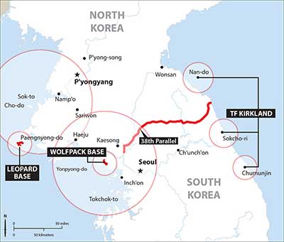 Partisan Units: TASK FORCE KIRKLAND controlled the partisan activities on the east coast. On the west coast, the DONKEY elements of LEOPARD BASE worked generally north of the 38th Parallel and those of WOLFPACK, south of the 38th. LEOPARD BASE was organized first. Both units concentrated their activities in Hwanghae Province on the mainland.