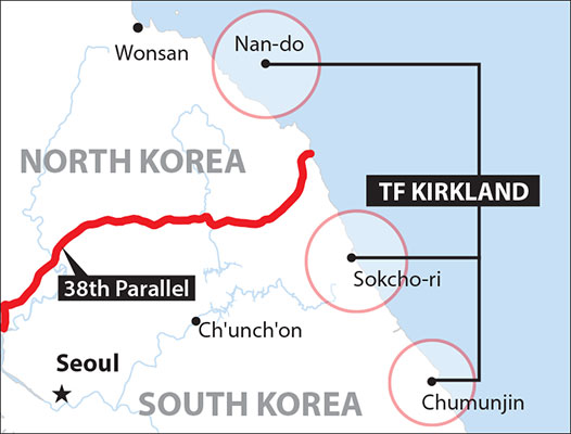 TASK FORCE KIRKLAND operated on the east coast of Korea, primarily against the North Korean port city of Wonsan. TF KIRKLAND inserted agents that collected intelligence and target information in the area.