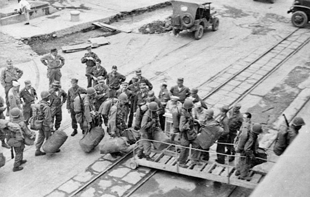 The 1st L&L Company cadre board the Yokohama ferry to Pusan, Korea.