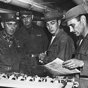 GEN Maxwell B. Taylor, EUSAK commander, visits 1st L&L in September 1953 to see the most advanced mobile color photolithograph printer in the Far East 