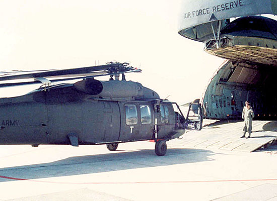 UH-60A Black Hawk prior to loading onto a U.S. Air Force C-5A Galaxy