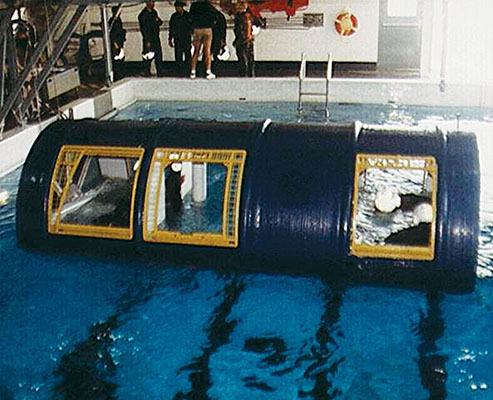 Training to exit a submerged aircraft is done in the “Dunker” at Pensacola Naval Air Station, Florida.