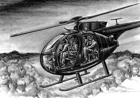 An artist’s rendition of 245th pilots flying an OH-6 using night vision goggles.
