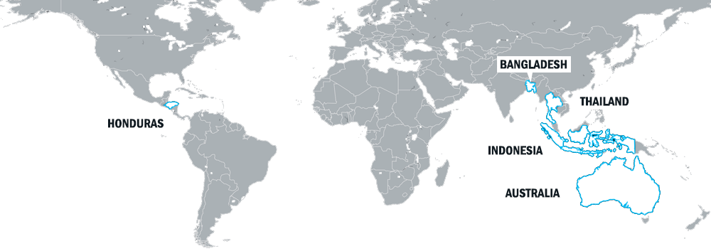 Map: Areas of operation across the globe include Honduras, Bangladesh, Thailand, Indonesia and Australia.