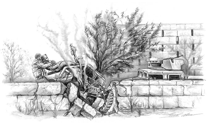 An artist’s rendition of the rescue of the severely wounded turret gunner, SFC Gary Stanley*, by SFC Jason Vollrath*.
