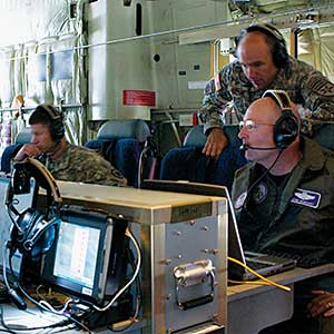 The Joint Communications Support Element (JCSE) based at MacDill AFB, Florida, provides higher-level communications support to the Joint Special Operations Task Forces.  Air Force General Victor E. Renuart, Commander of Northern Command, gets a demonstration of JCSE capability during an exercise in April 2007.