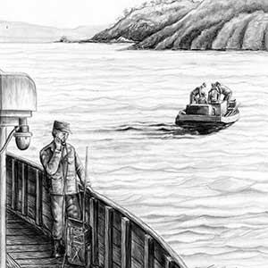An artist’s rendition of the landing of partisans on the North Korean mainland. The 8240th advisor  uses an SCR-300 radio to  maintain communications  with his landing party.