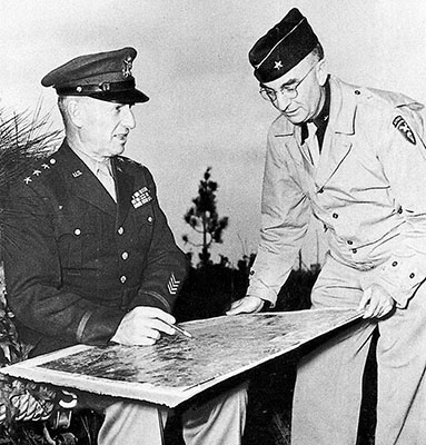 LTG Leslie J. McNair, CG, Army Ground Forces (AGF), confers with BG Donovan during the Knollwood Maneuver.