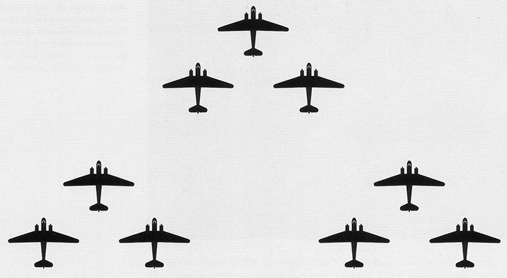 Standard squadron flight formation known as a “Vee of Vees” employed by troop carrier command aircraft during a parachute drop of men and equipment.