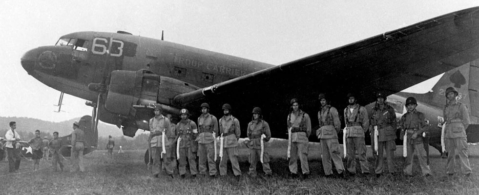 The C-47 “Sky Train” was the workhorse of the USAAF in every theater of operations. It performed a variety of missions from transporting supplies and equipment to dropping paratroopers and towing gliders. Each paratrooper pictured is equipped with a lowering line for use in the event of a tree landing.