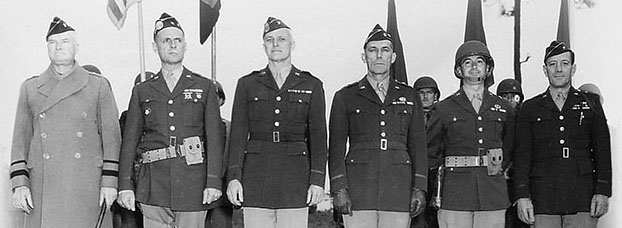Key personnel in American airborne development (1942).  General Henry H. Arnold, Chief, USAAF; MG Matthew B. Ridgway, CG, 82nd Airborne Division (A/D); MG Joseph M. Swing, CG, 11th A/D; MG William C. Lee, CG, 101st A/D; MG William M. Miley, CG, 17th A/D; and MG Elbridge G. Chapman, CG, 13th A/D.
