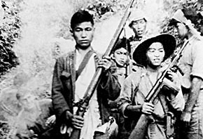 The Kachins were armed with several kinds of weapons, such as the United Defense “Marlin” UD-42 carried by the guerrilla on the right. Flintlocks and muskets, such as the one being carried by the Kachin on the left, were so popular that the OSS dropped several hundred model 1861 Springfields into the field.