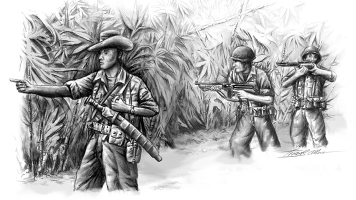An artist rendition of a Lightning Force Kachin guide pointing out Japanese troops ahead on the trail to the Marauders.