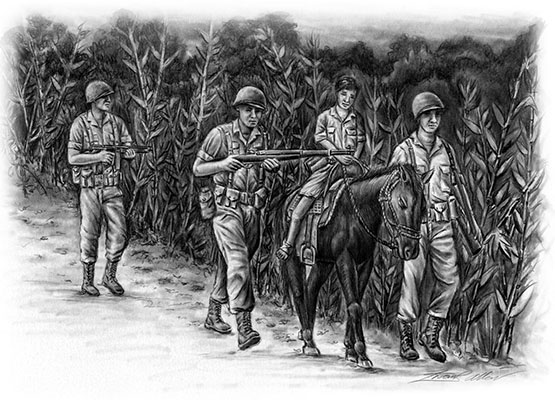 An artist’s rendition of N’Naw Yang Nau leading COL Hunter’s “H” Force to Myitkyina on the night of 15-16 May 1944. The Kachin guide had just been bitten by a poisonous snake.