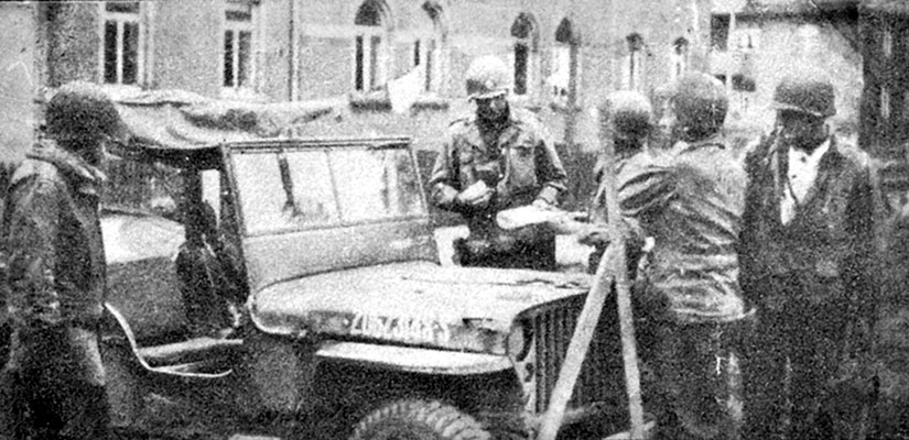 76th Infantry Division jeeps had a strong, four-foot V-shaped, angled bar welded to their front bumpers to foil German attempts to behead Americans with wire strung across the roads.