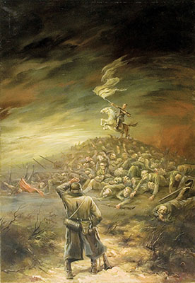 PAINTING: a heroic leader on a white horse rallies the troops while the wounded valiantly struggle to get to their feet.