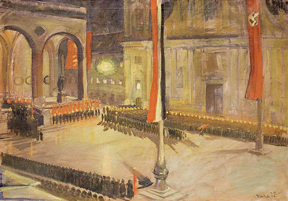 This painting depicts a ceremony honoring the Nazi dead from the Beer Hall Putsch.