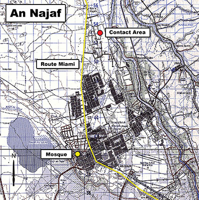Map of An Najaf showing the relationship of the Imam Ali mosque and Route Miami (Karbala/An Najaf highway) to the initial contact site.