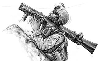 Artist rendition of a Cult of Heaven sniper knocking out an ODA 563 soldier attempting to engage with an M3 Carl-Gustav anti-tank recoilless rifle.