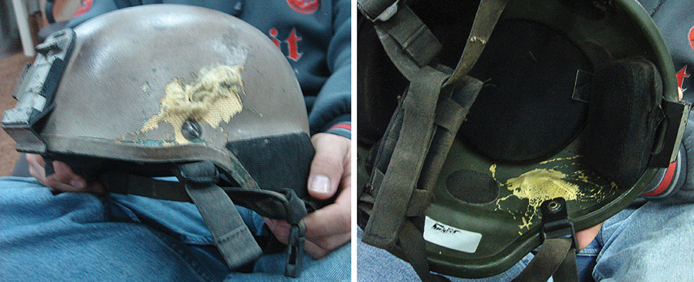 Outside & inside views of 7.62mm impacts on “MICH” helmets worn by ODA 563 soldiers. Both men survived with minor concussions.