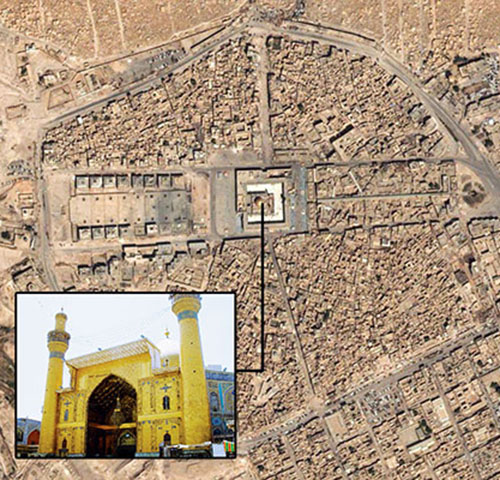 Imam Ali, the cousin and son-in-law of the prophet Mohammed, is considered by Shia Muslims to be the righteous caliph and first Imam. The mosque containing his tomb (map set) is located in the center of the old section of An Najaf.