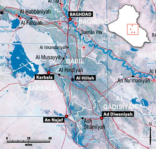 The location of the Iraqi cities mentioned in this article (Baghdad, Karbala, Al Hillah, An Najaf, and Ad Diwaniyah) are shown on the map.