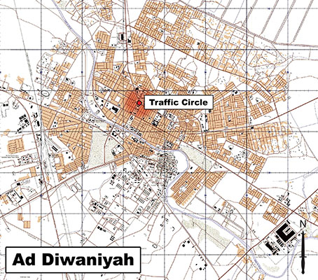 The highlighted traffic circle on the city map of Ad Diwaniyah was where ODA 566 rescued the beleagured Iraqi platoon in August 2006.
