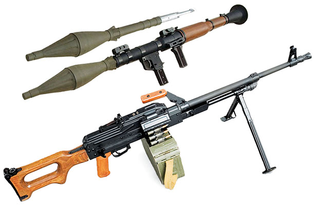 The 7.62mm PKM light machinegun and a rocket-propelled anti-tank grenade (RPG), with its launcher.