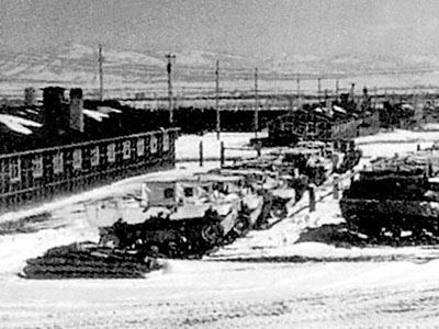 Rows of the T-15 Light Cargo Carrier, the “Weasel” produced by Studebaker for use by the First Special Service Force in the PLOUGH operation are lined up at Fort William Henry Harrison, Montana, winter of 1942-43.