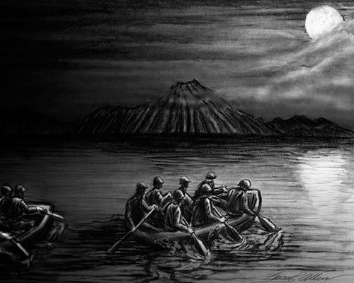 An artist’s rendition of 1LT Mark Radcliffe’s platoon paddling across West Kiska Lake. During the crossing, the clouds parted and the men were silhouetted in the moonlight.