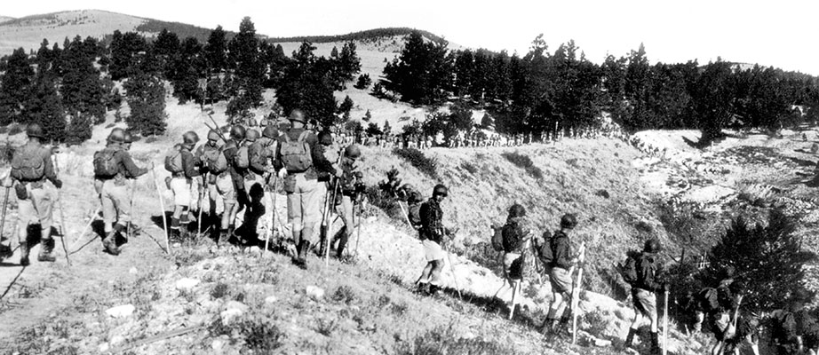 Forcemen on a march to Marysville, Montana. The arduous 48-mile road march in khaki shorts was a culminating event in COL Robert Frederick’s rigorous training program to prepare the First Special Service Force for combat.