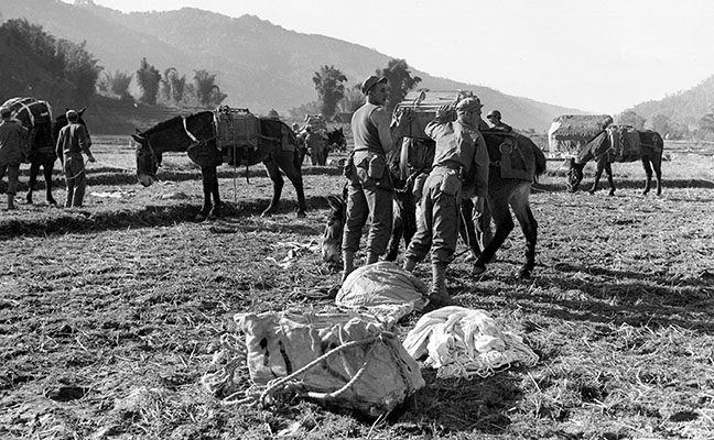 Once a drop was on the ground, the lack of roads meant delivery by animals. Here the MARS Task Force receives an air drop in Burma on 6 February 1945.
