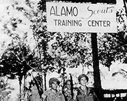 Trainees at the first Alamo Scout Training Center on Fergusson Island, New Guinea. The training center would be established in five separate locations in New Guinea and the Philippines as the Southwest Pacific Campaign unfolded. A total of eight classes were completed, and a ninth was cut short in September 1945, after the Japanese surrender.