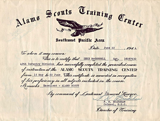 The graduation certificate of SGT Zeke McConnell of Littlefield Team. The certificate reads “Excellent-Alamo Scout.” If the rating Excellent or Superior appeared on the certificate, the individual was retained on a Scout team. If not, he returned to his unit.