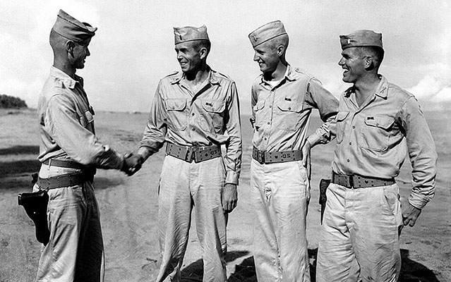 Alamo Scout Team Leaders following an awards ceremony at Leyte, Philippines in December 1944. Picture here: 1LT William Nellist, 1LT Thomas Rounsaville, 1LT Robert Sumner, and 1LT John Dove.