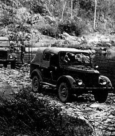 Communist forces using Russian trucks to move supplies down the Ho Chi Minh Trail. Interdiction of the trail was a major mission of MACV-SOG.