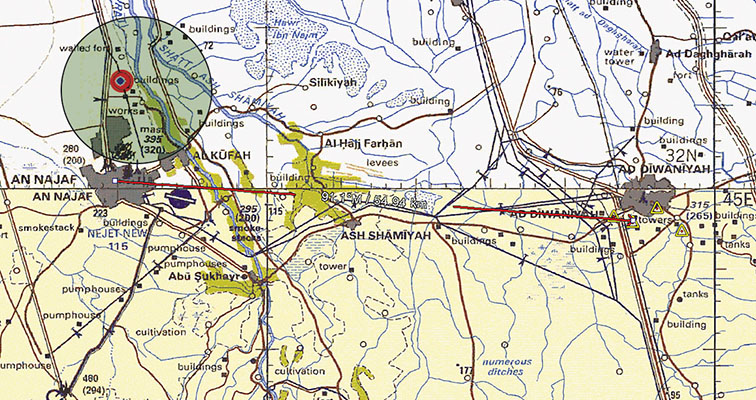 Air map section shows the two key cities in the ODA 566 area of operations with the battle site marked. Contact site is bi-colored bullseye in upper corner.