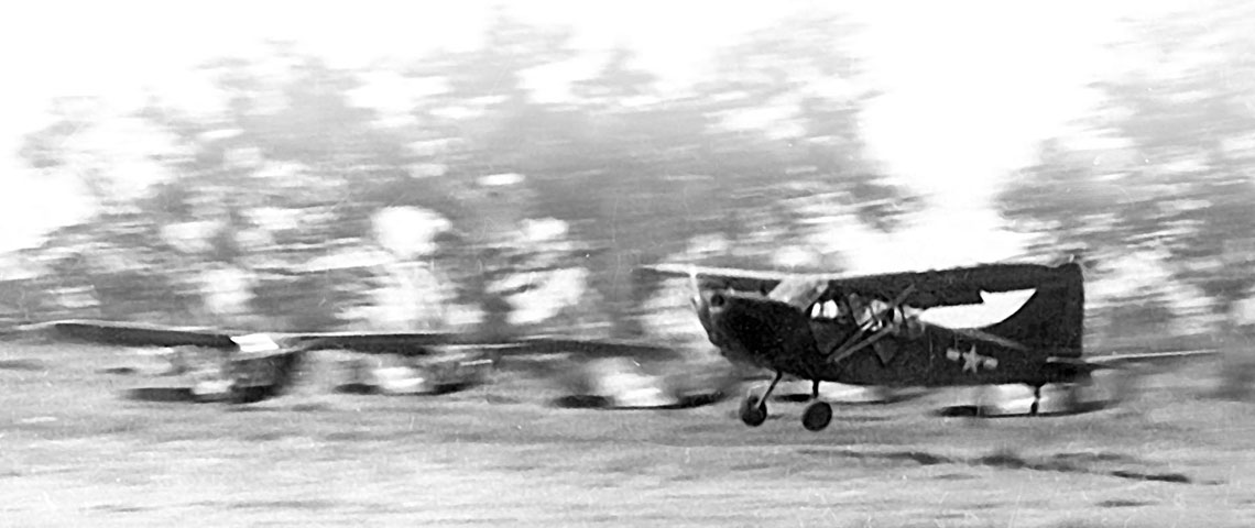A Stinson L-5 Sentinel lands at an airfield in north Burma, 1944. Both the L-5 and L-4 Grasshopper were more common liaison aircraft than the Red Ass Squadron’s preferred L-1 Vigilant.