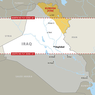 Map of Iraq showing the two No-Fly zones and the Kurdish area that became the Operation PROVIDE COMFORT zone.